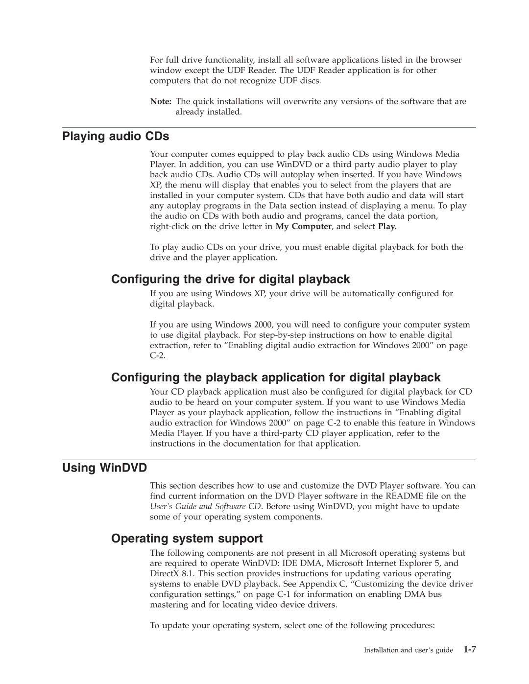 Lenovo 41N5622 manual Playing audio CDs, Configuring the drive for digital playback, Using WinDVD, Operating system support 