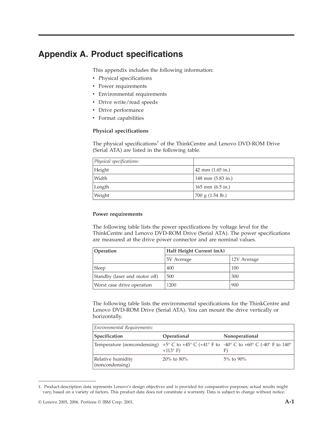 Lenovo 41N5622 manual Appendix A. Product specifications, Physical specifications, Power requirements 