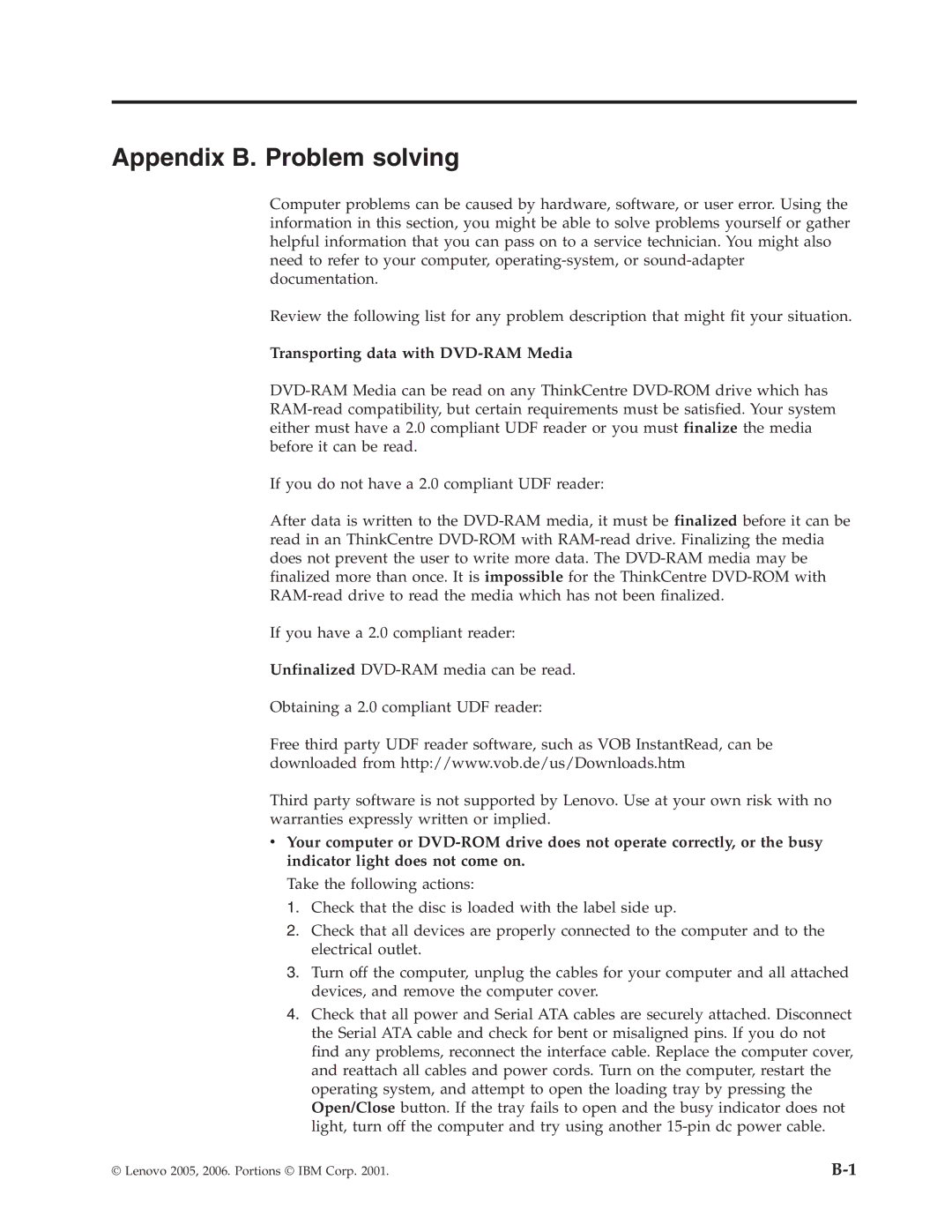 Lenovo 41N5622 manual Appendix B. Problem solving, Transporting data with DVD-RAM Media 