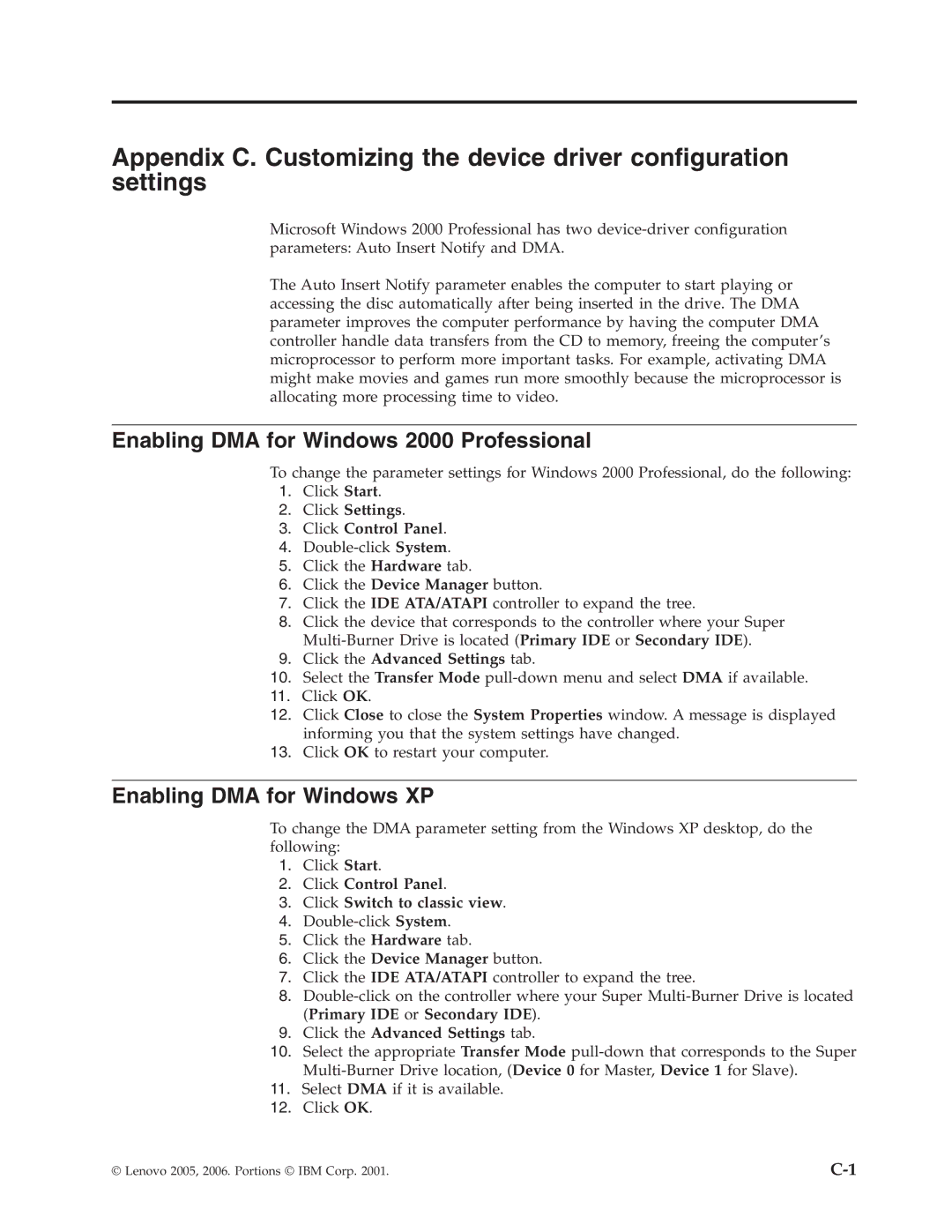 Lenovo 41N5622 Enabling DMA for Windows 2000 Professional, Enabling DMA for Windows XP, Click Settings Click Control Panel 