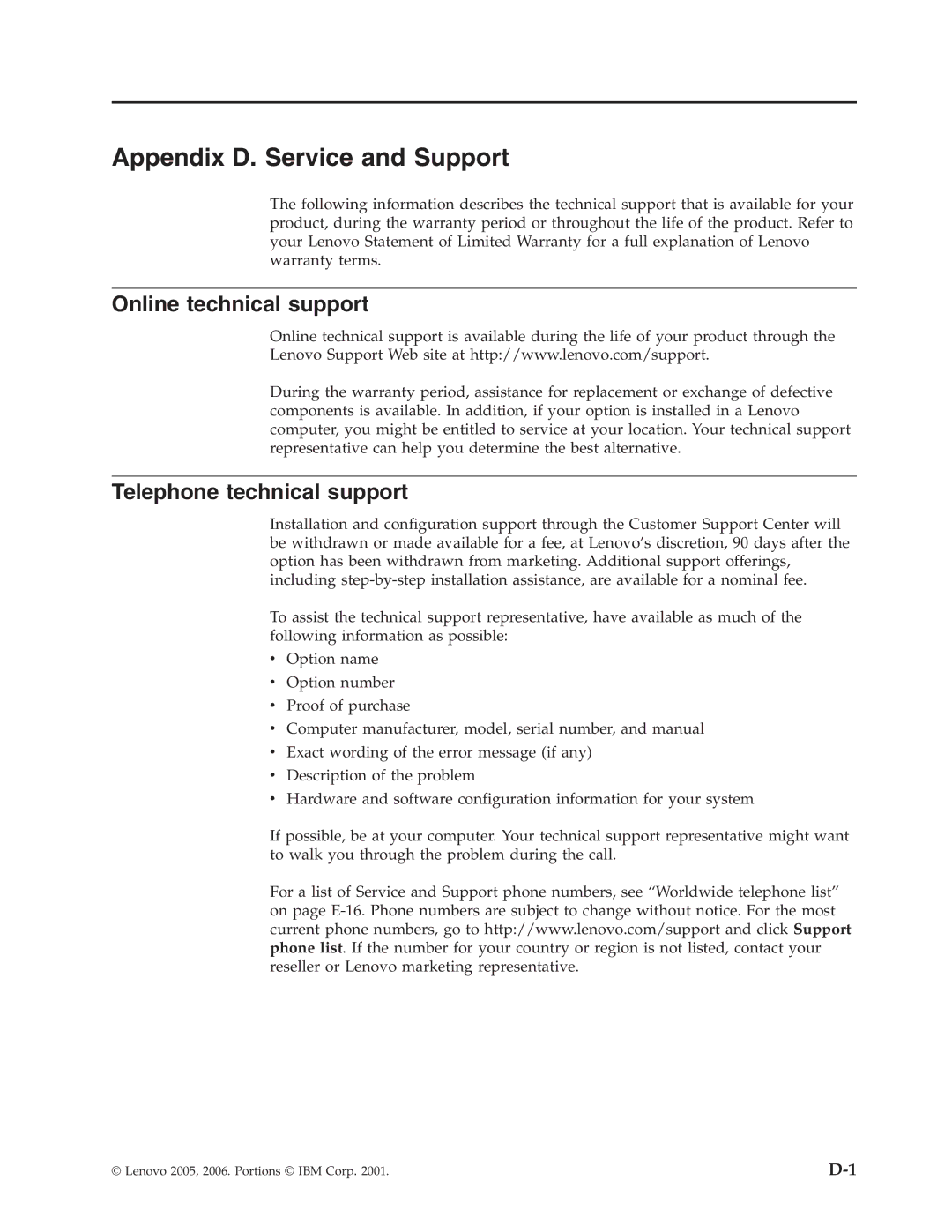 Lenovo 41N5622 manual Appendix D. Service and Support, Online technical support, Telephone technical support 