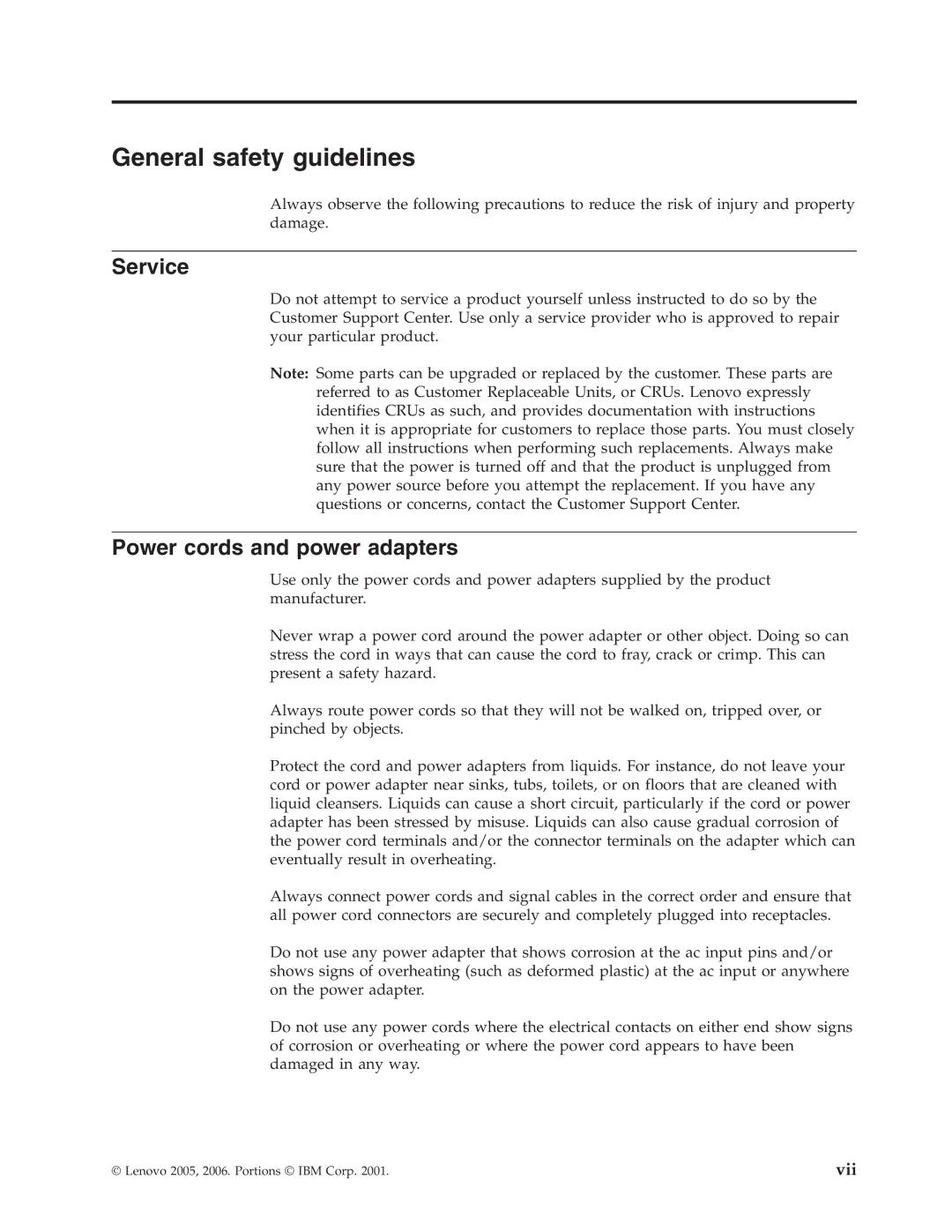 Lenovo 41N5622 manual General safety guidelines, Service, Power cords and power adapters 