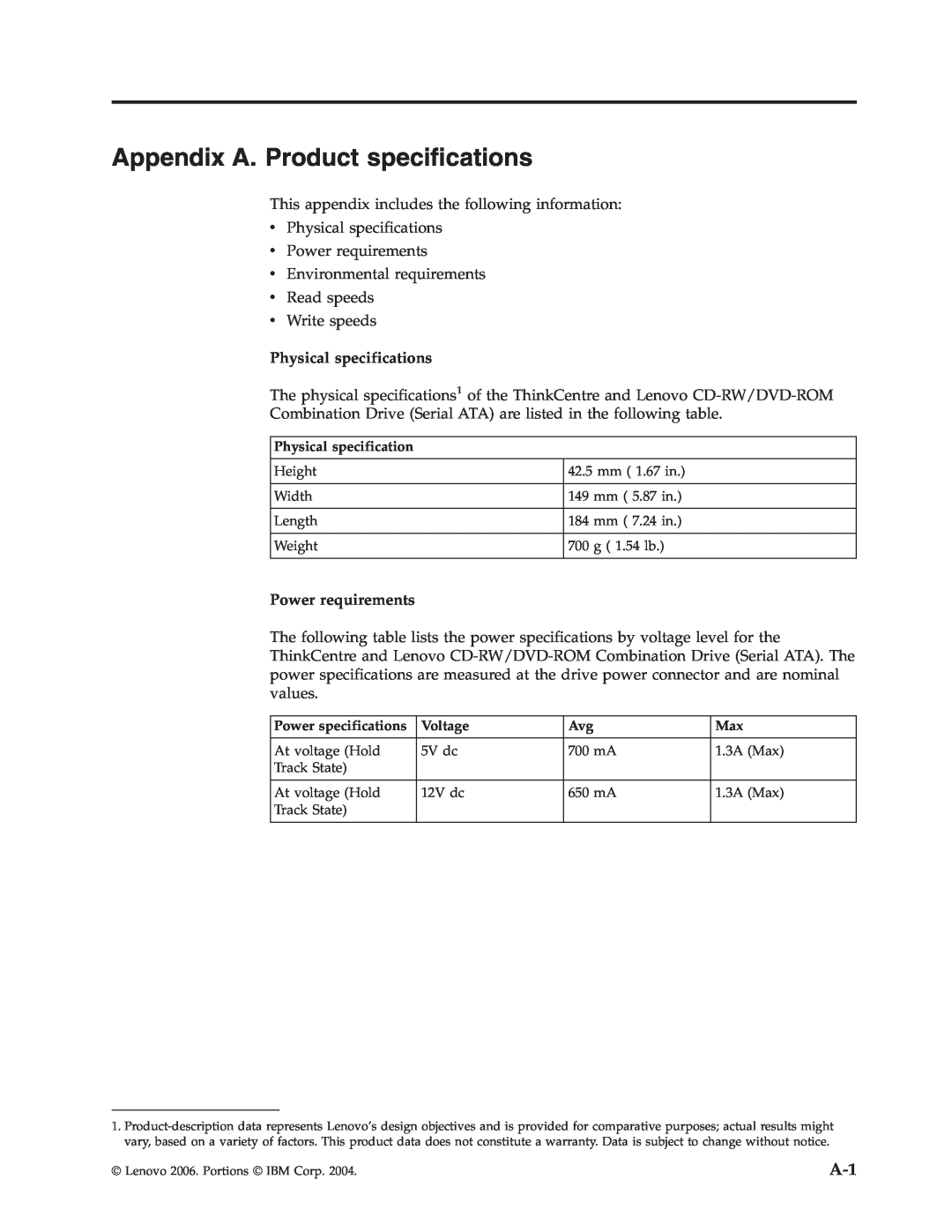 Lenovo 41N5624 manual Appendix A. Product specifications, Physical specifications, Power requirements 