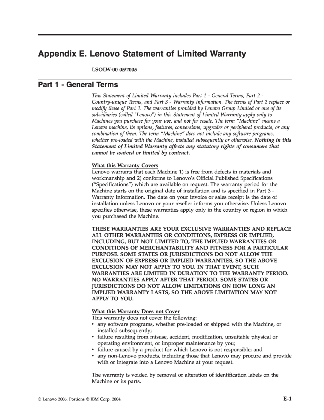 Lenovo 41N5624 manual Appendix E. Lenovo Statement of Limited Warranty, Part 1 - General Terms, LSOLW-0005/2005 