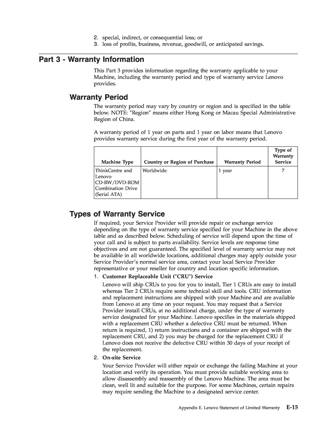 Lenovo 41N5624 manual Part 3 - Warranty Information, Warranty Period, Types of Warranty Service, On-siteService 