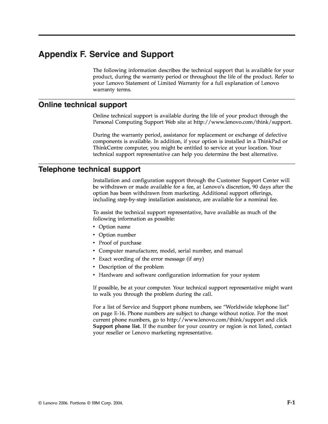 Lenovo 41N5624 manual Appendix F. Service and Support, Online technical support, Telephone technical support 