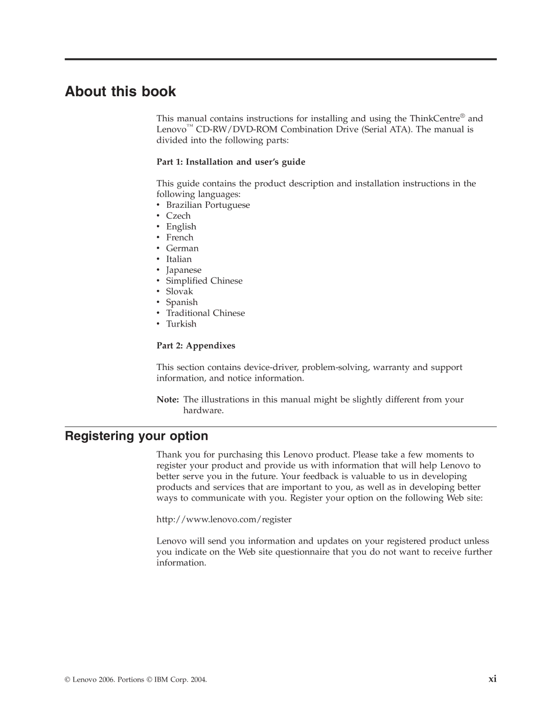 Lenovo 41N5624 manual About this book, Registering your option, Part 1 Installation and user’s guide, Part 2 Appendixes 