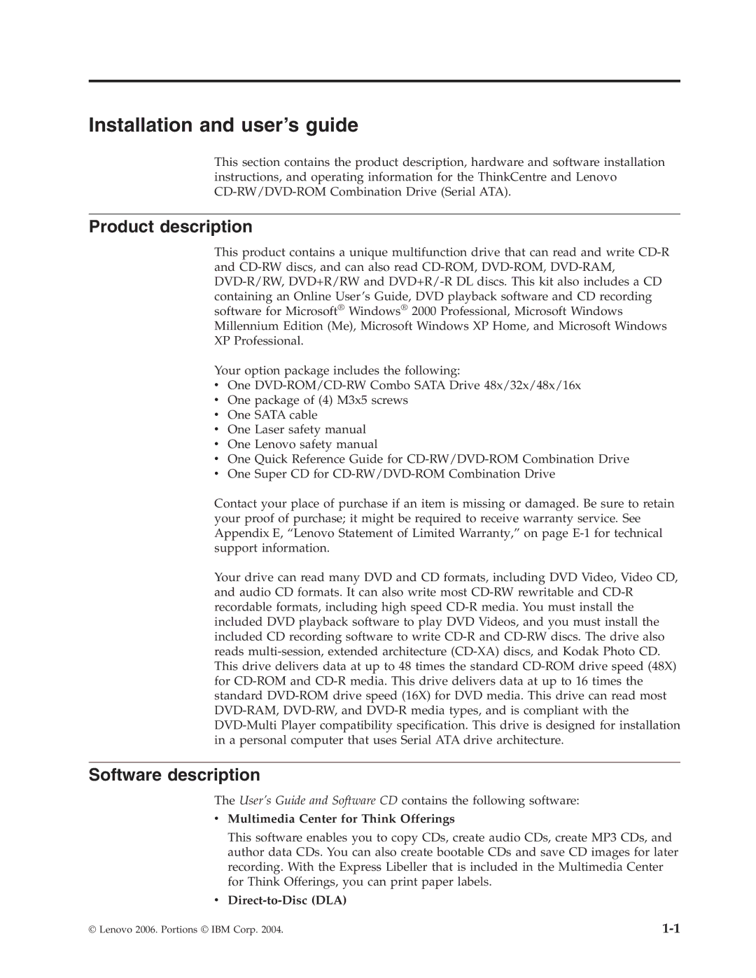 Lenovo 41N5624 manual Installation and user’s guide, Product description, Software description, Direct-to-Disc DLA 