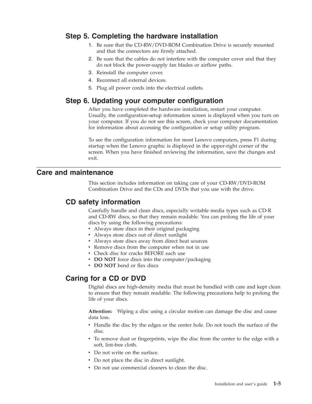 Lenovo 41N5624 manual Completing the hardware installation, Updating your computer configuration, Care and maintenance 