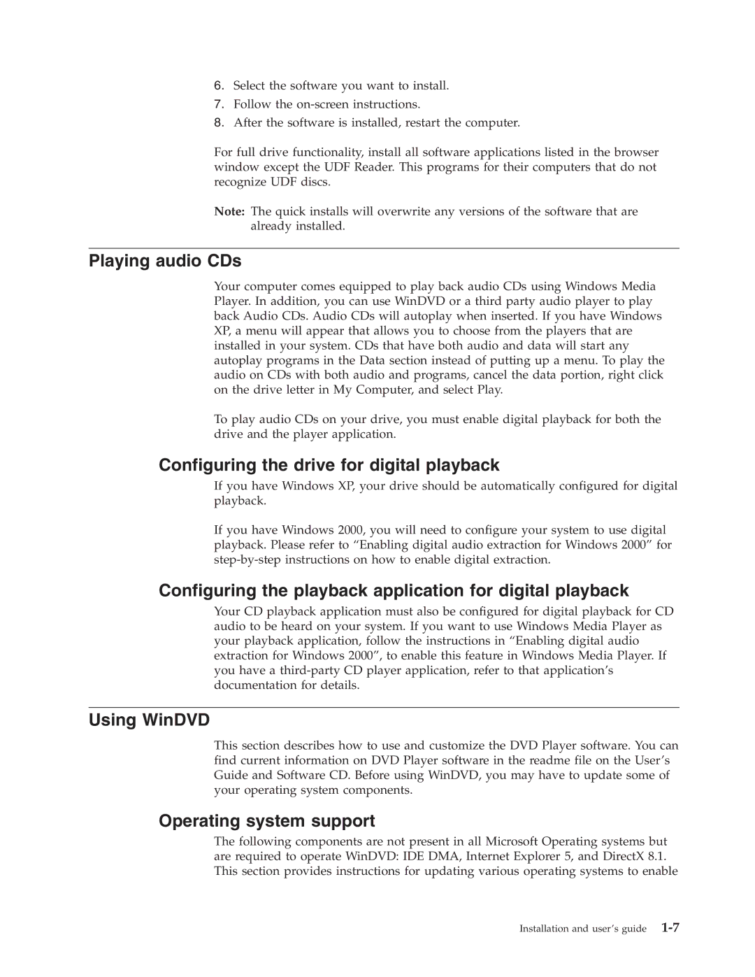 Lenovo 41N5624 manual Playing audio CDs, Configuring the drive for digital playback, Using WinDVD, Operating system support 