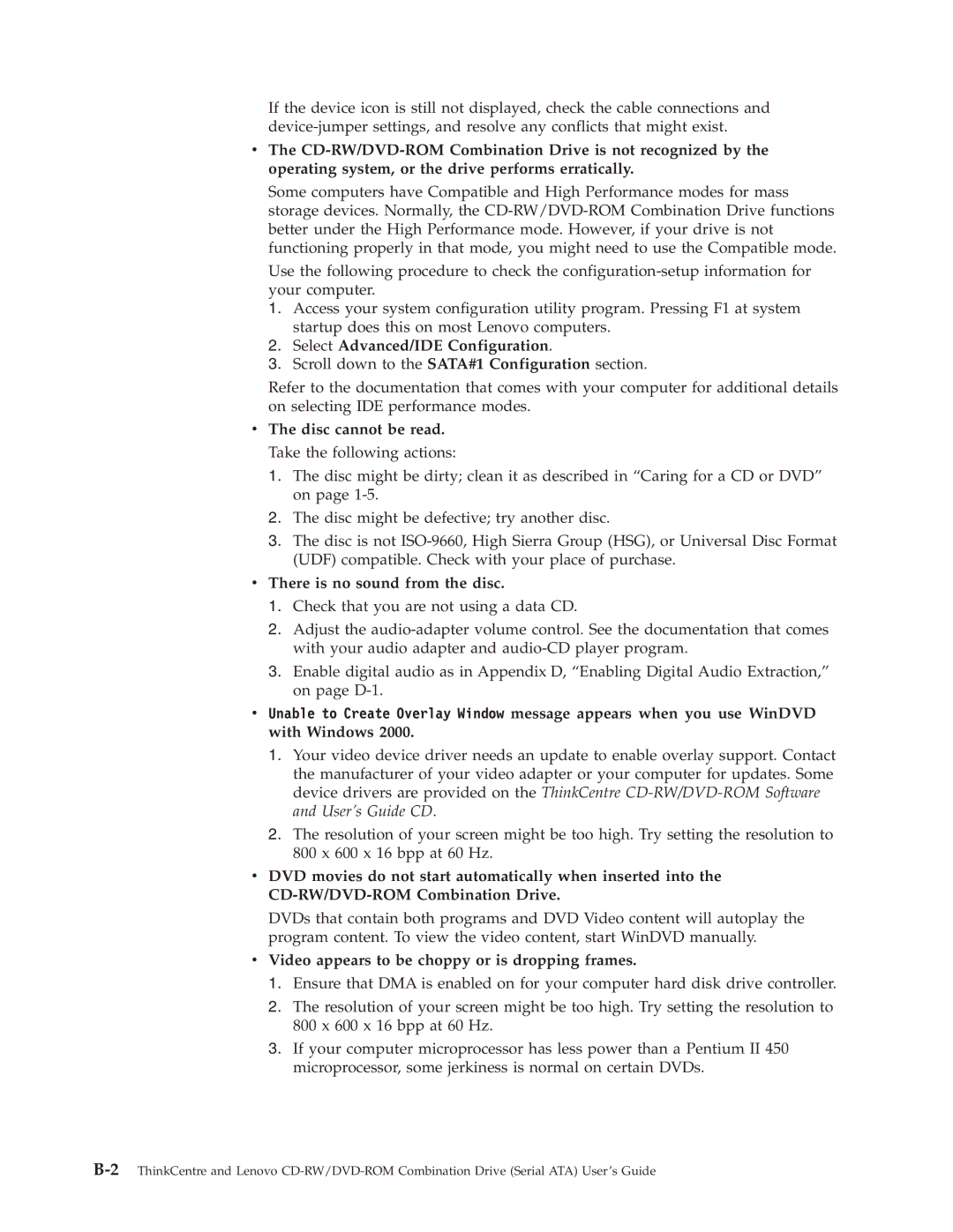 Lenovo 41N5624 manual Select Advanced/IDE Configuration, Disc cannot be read. Take the following actions 