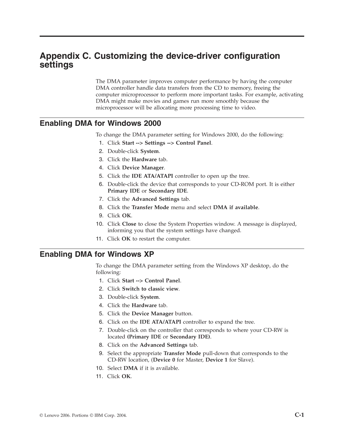 Lenovo 41N5624 manual Enabling DMA for Windows XP 