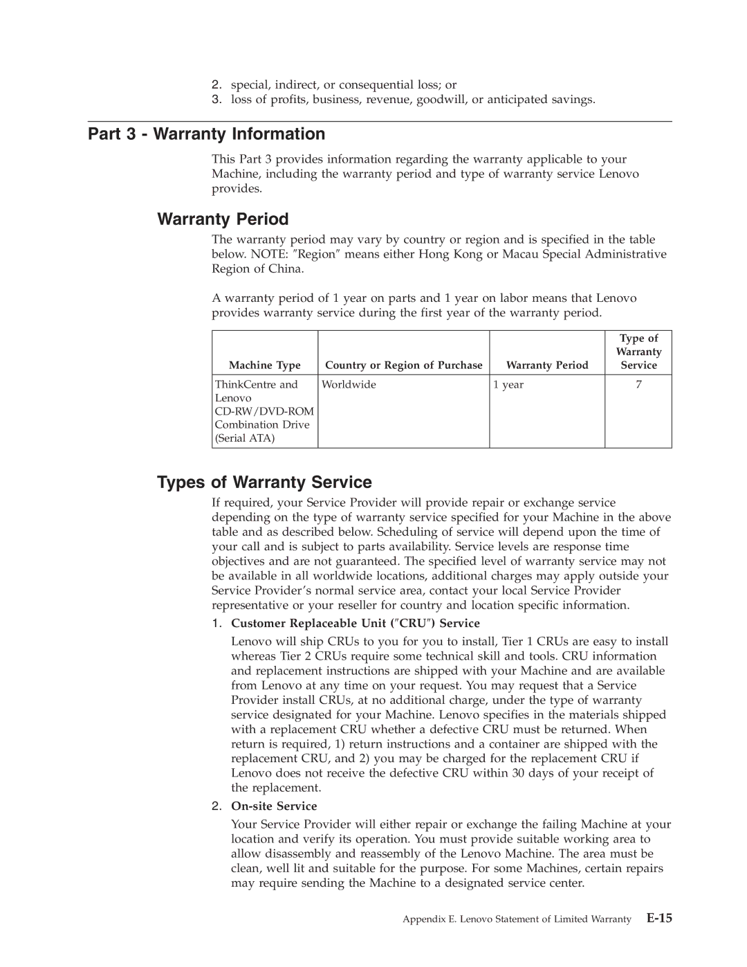 Lenovo 41N5624 manual Part 3 Warranty Information, Warranty Period, Types of Warranty Service, On-site Service 