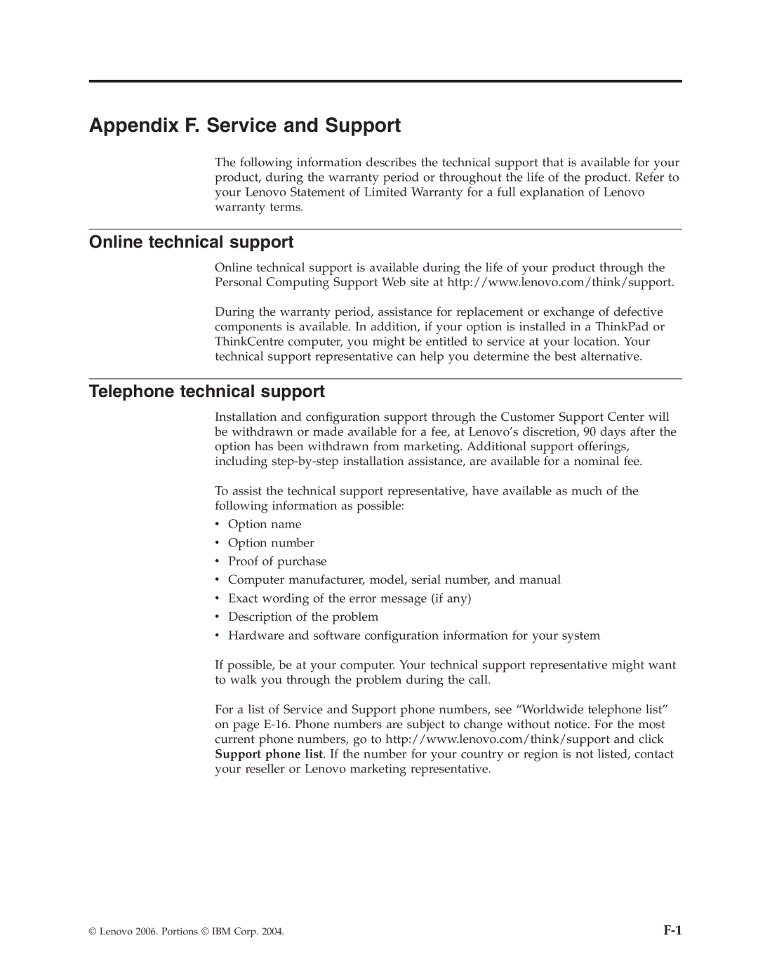 Lenovo 41N5624 manual Appendix F. Service and Support, Online technical support, Telephone technical support 