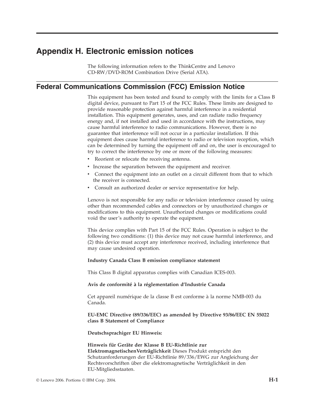 Lenovo 41N5624 manual Appendix H. Electronic emission notices, Federal Communications Commission FCC Emission Notice 