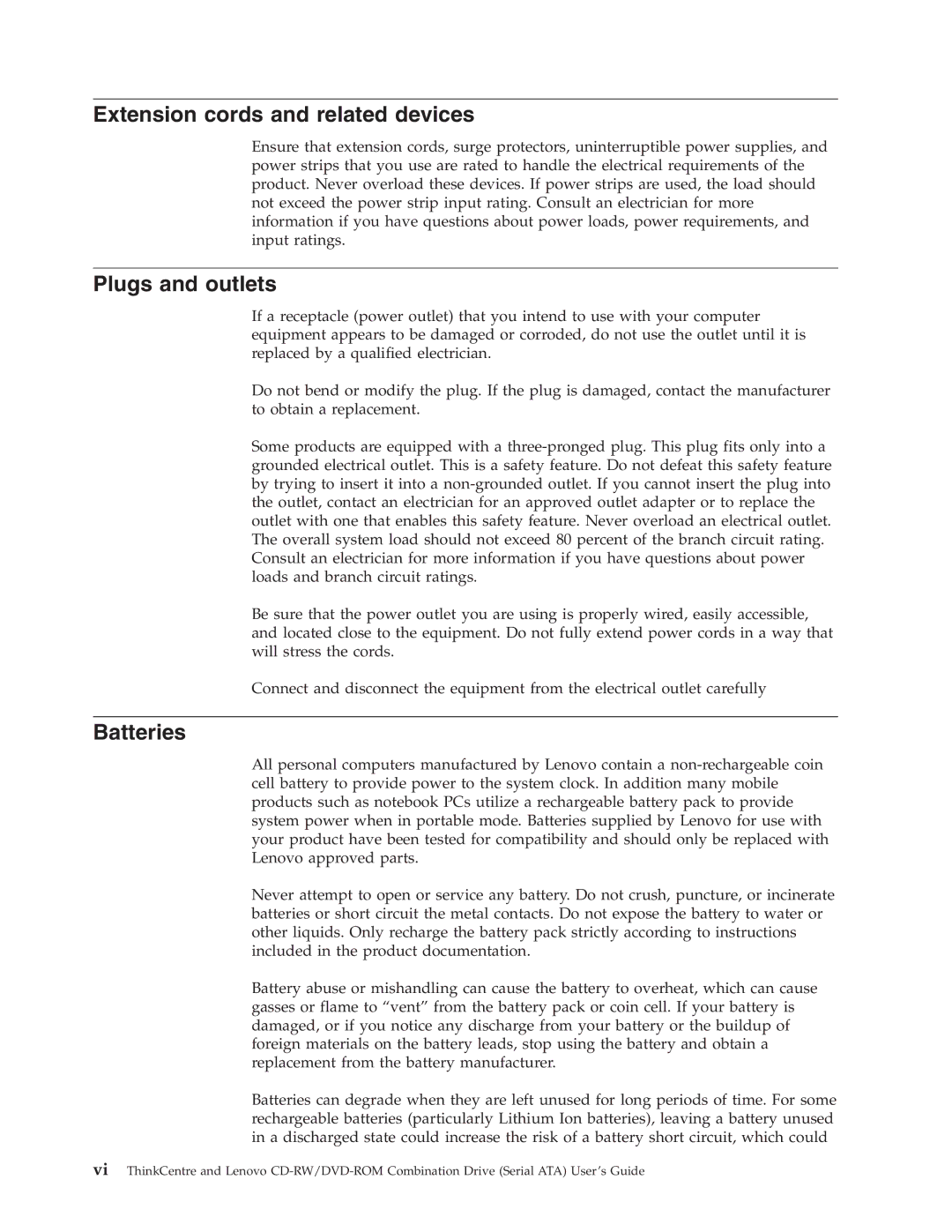Lenovo 41N5624 manual Extension cords and related devices, Plugs and outlets, Batteries 