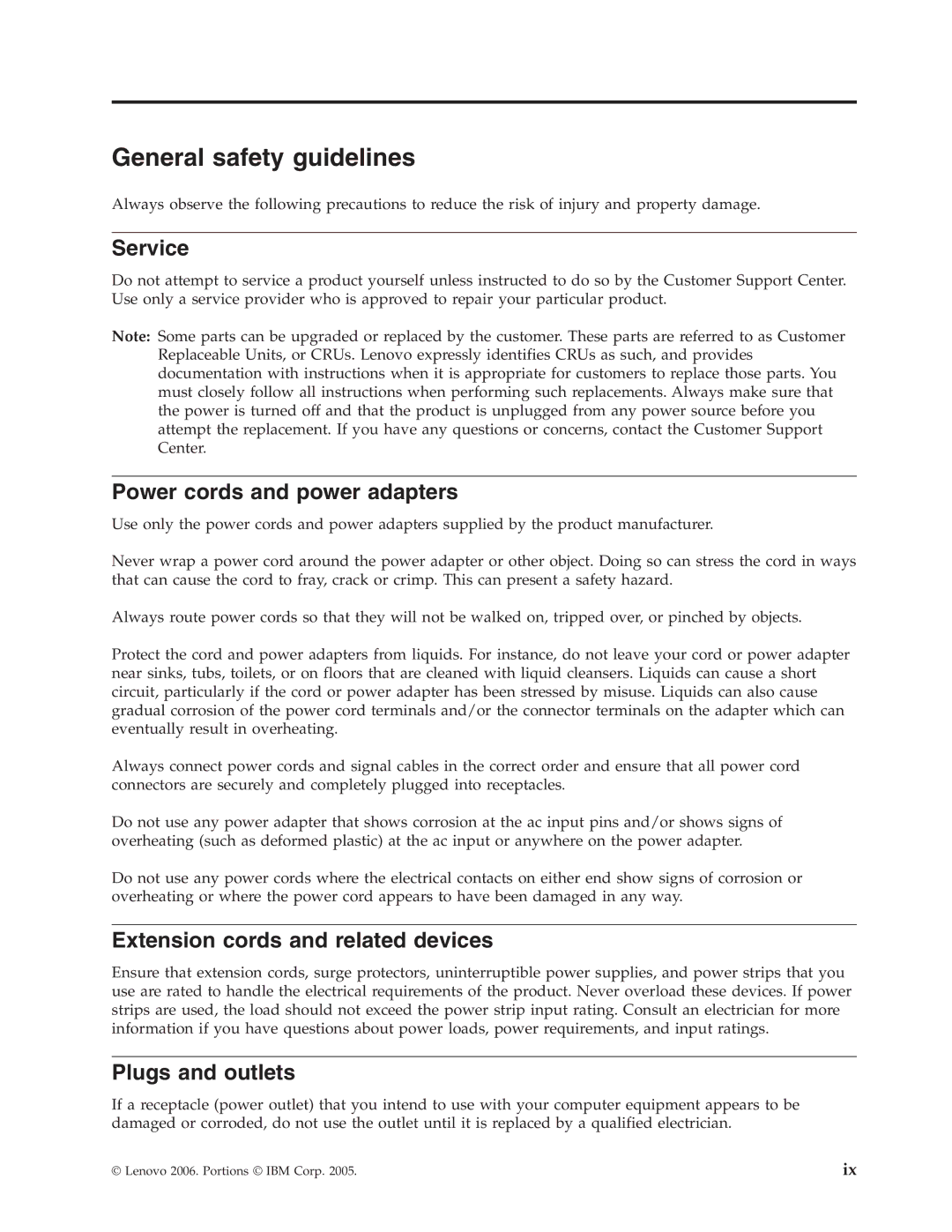 Lenovo 41N5626 General safety guidelines, Service, Power cords and power adapters, Extension cords and related devices 