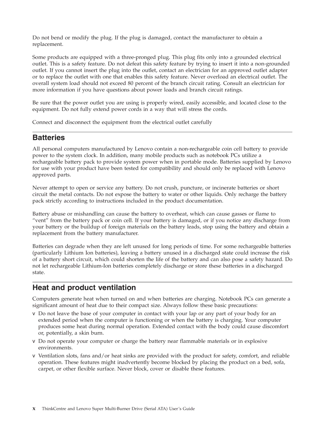 Lenovo 41N5626 manual Batteries, Heat and product ventilation 