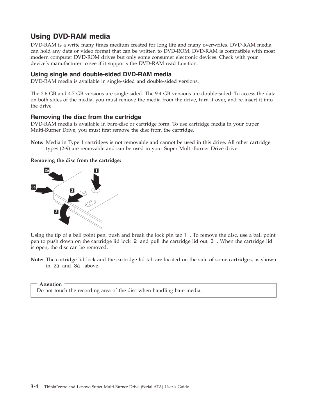 Lenovo 41N5626 manual Using DVD-RAM media, Removing the disc from the cartridge 