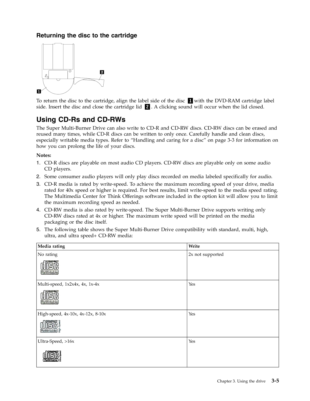 Lenovo 41N5626 manual Using CD-Rs and CD-RWs, Returning the disc to the cartridge 