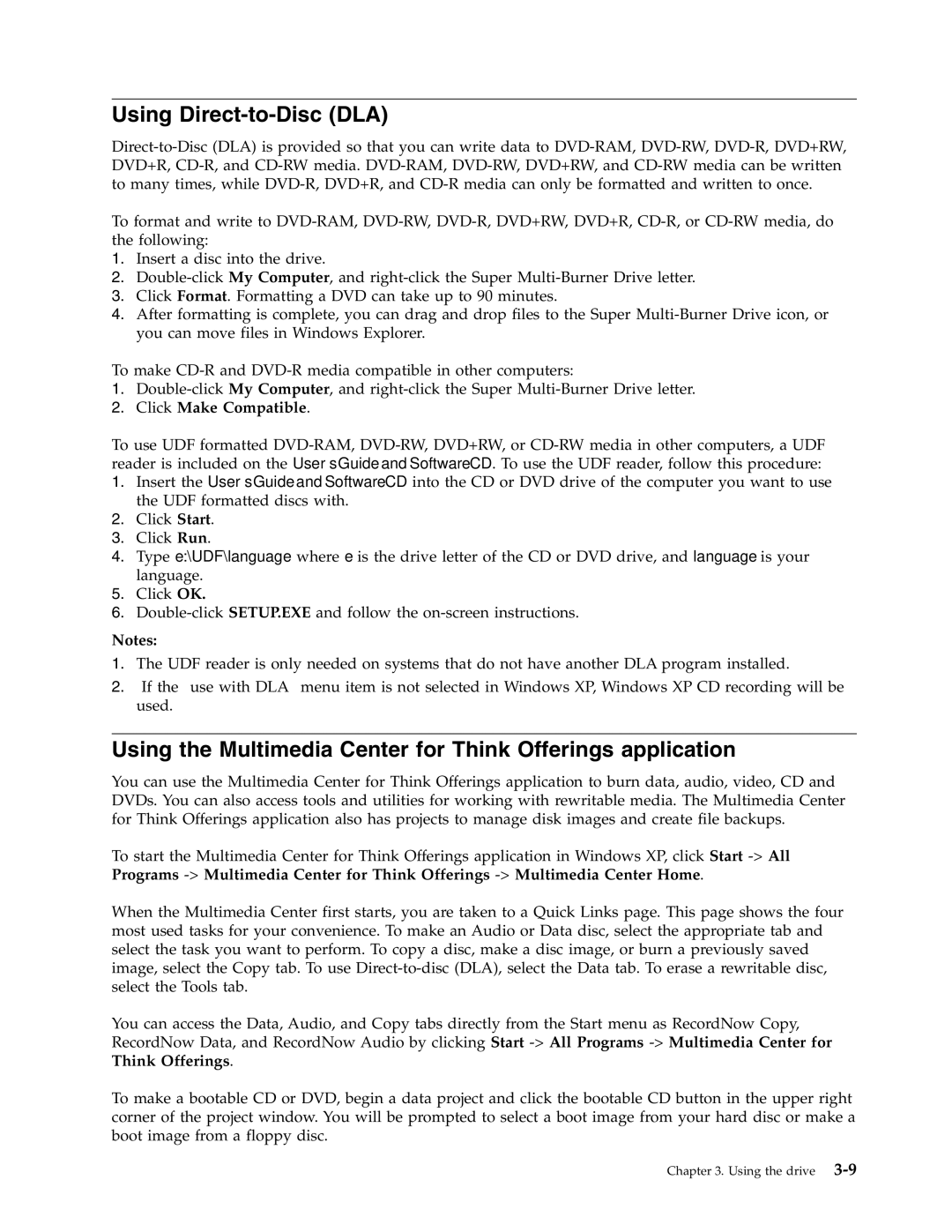 Lenovo 41N5626 manual Using Direct-to-Disc DLA, Using the Multimedia Center for Think Offerings application 