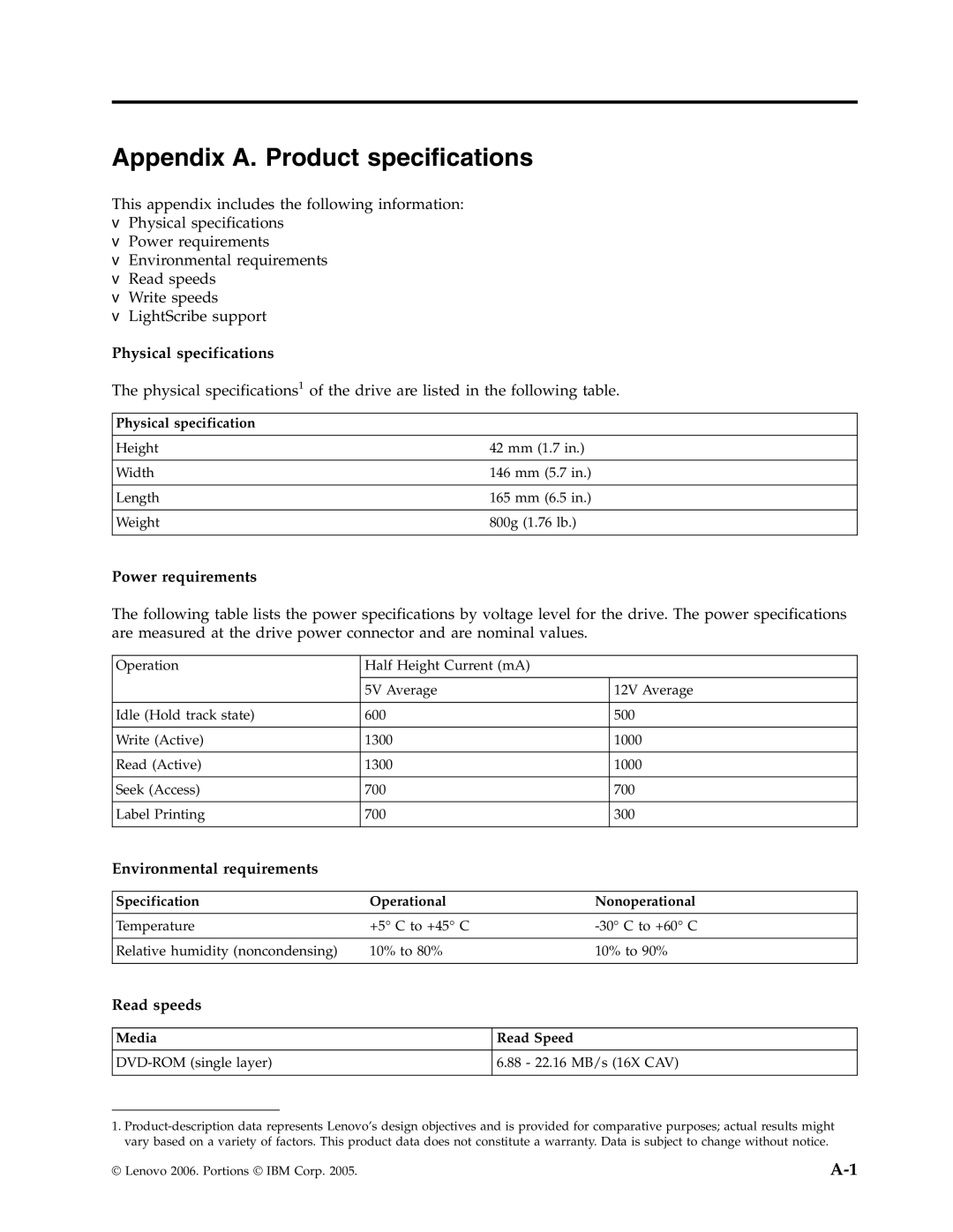 Lenovo 41N5626 Appendix A. Product specifications, Physical specifications, Power requirements, Environmental requirements 