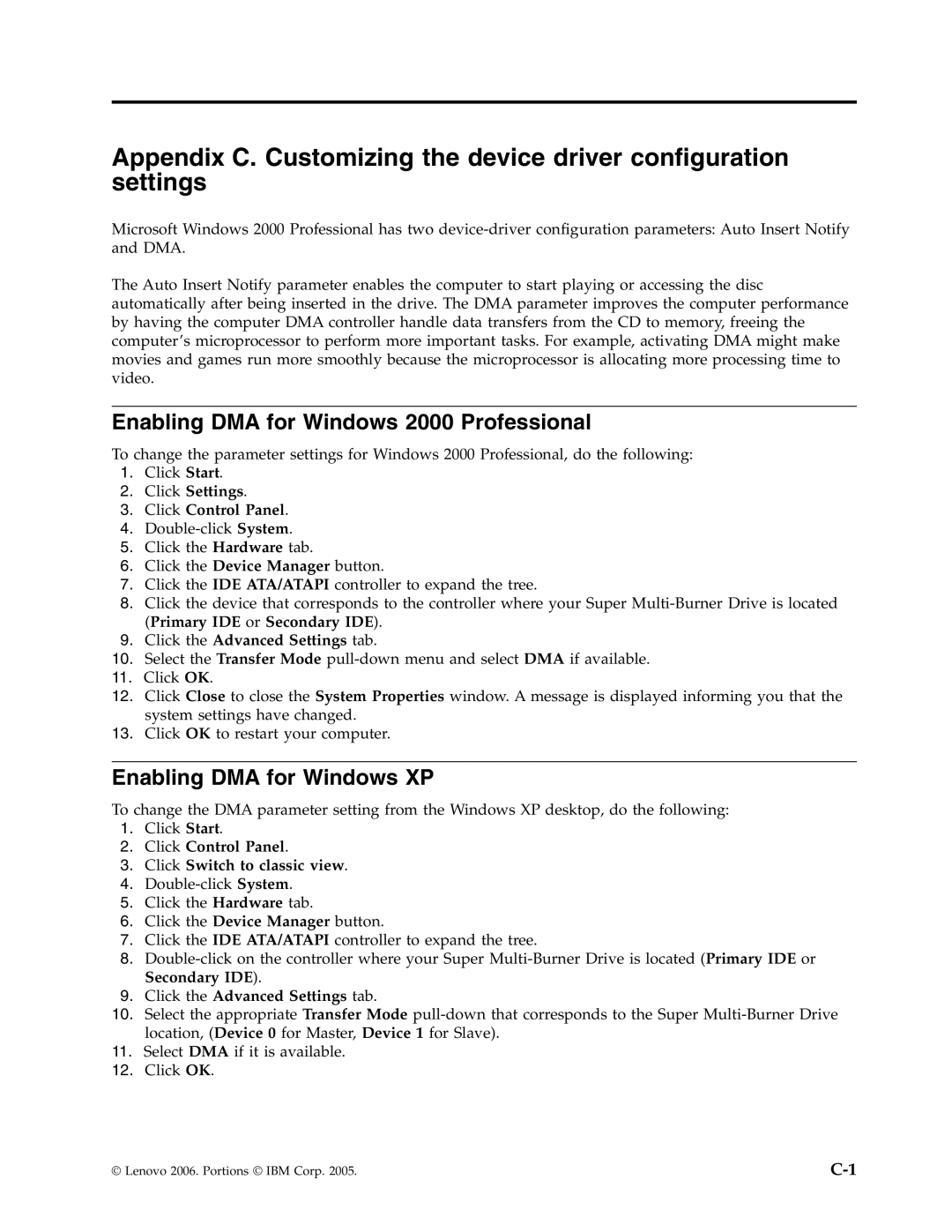 Lenovo 41N5626 Enabling DMA for Windows 2000 Professional, Enabling DMA for Windows XP, Click Settings Click Control Panel 