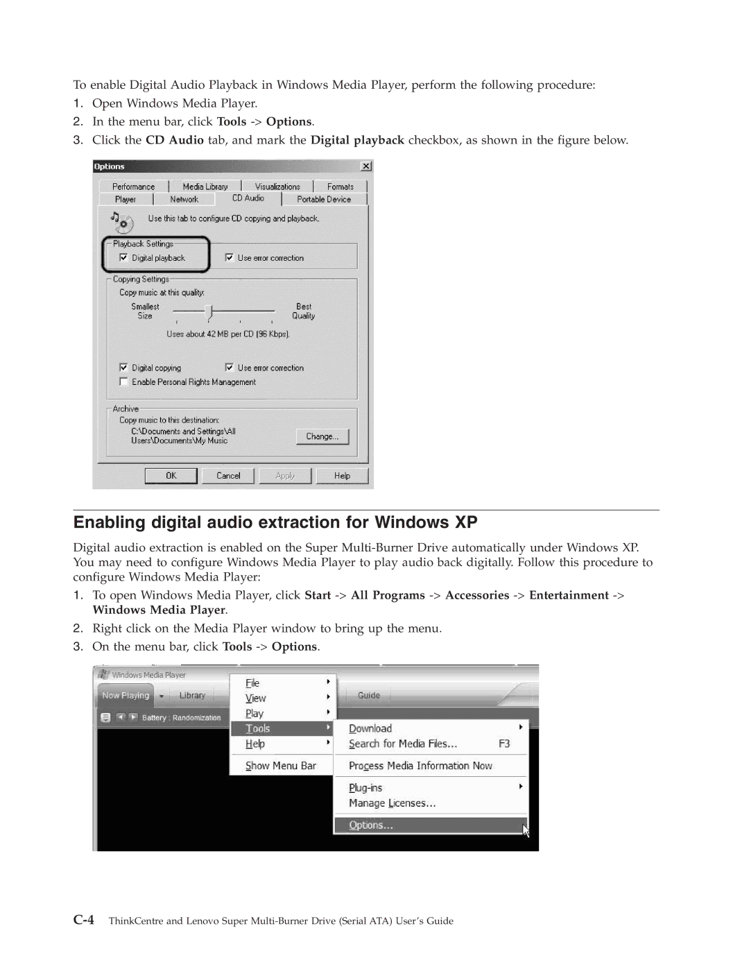 Lenovo 41N5626 manual Enabling digital audio extraction for Windows XP 