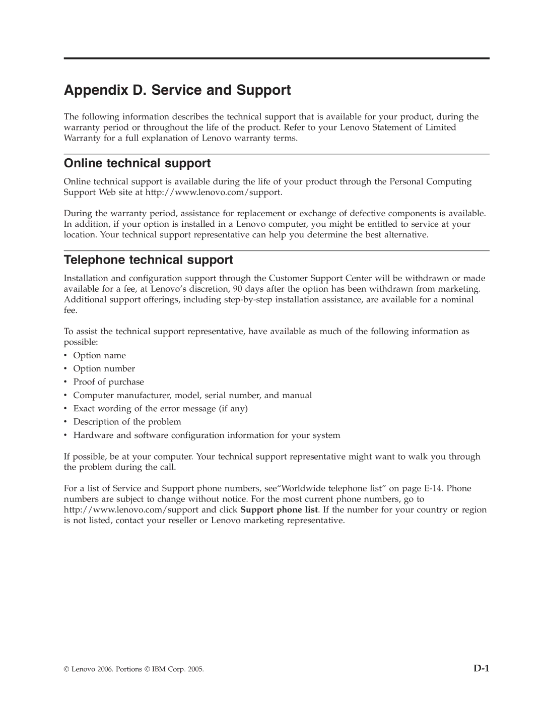 Lenovo 41N5626 manual Appendix D. Service and Support, Online technical support, Telephone technical support 