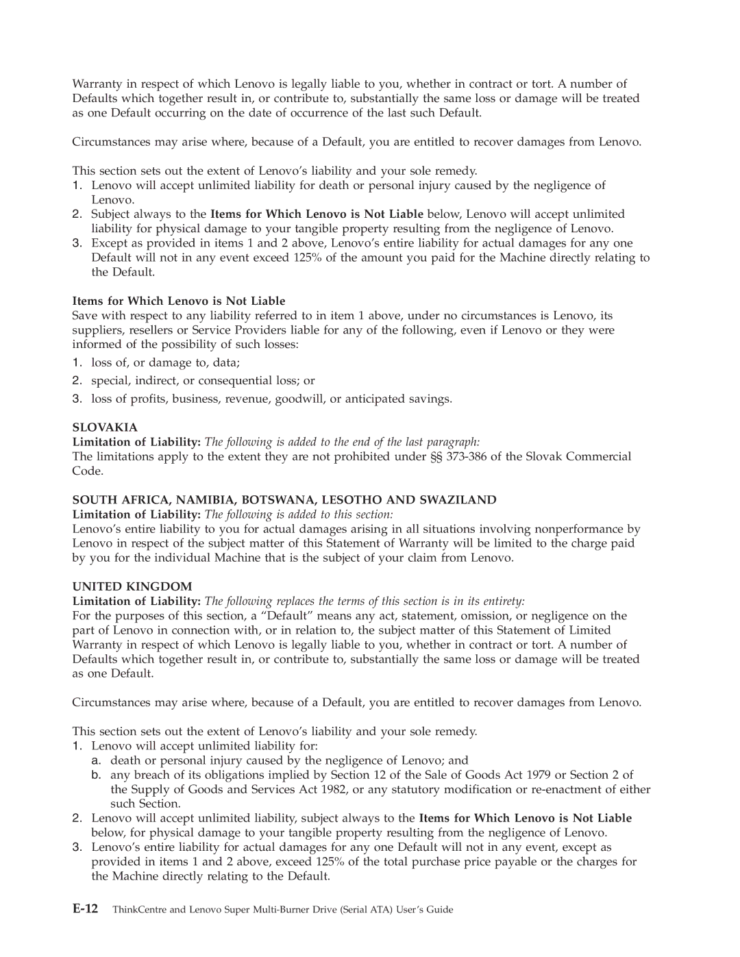 Lenovo 41N5626 Items for Which Lenovo is Not Liable, Slovakia, South AFRICA, NAMIBIA, BOTSWANA, Lesotho and Swaziland 