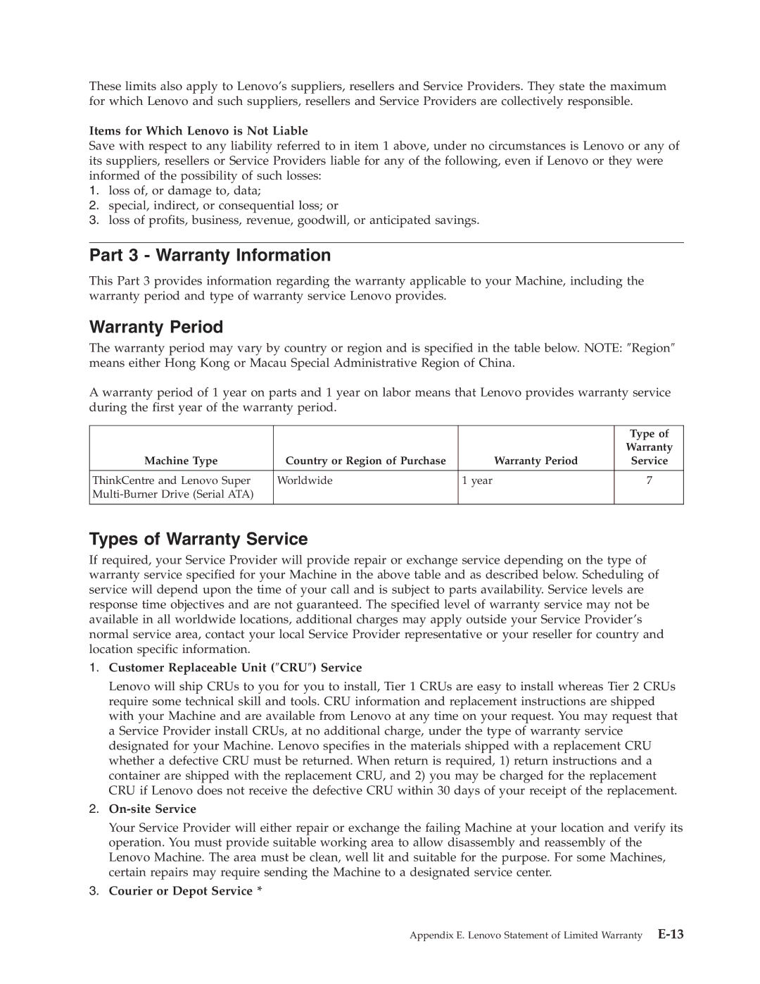 Lenovo 41N5626 manual Part 3 Warranty Information, Warranty Period, Types of Warranty Service 