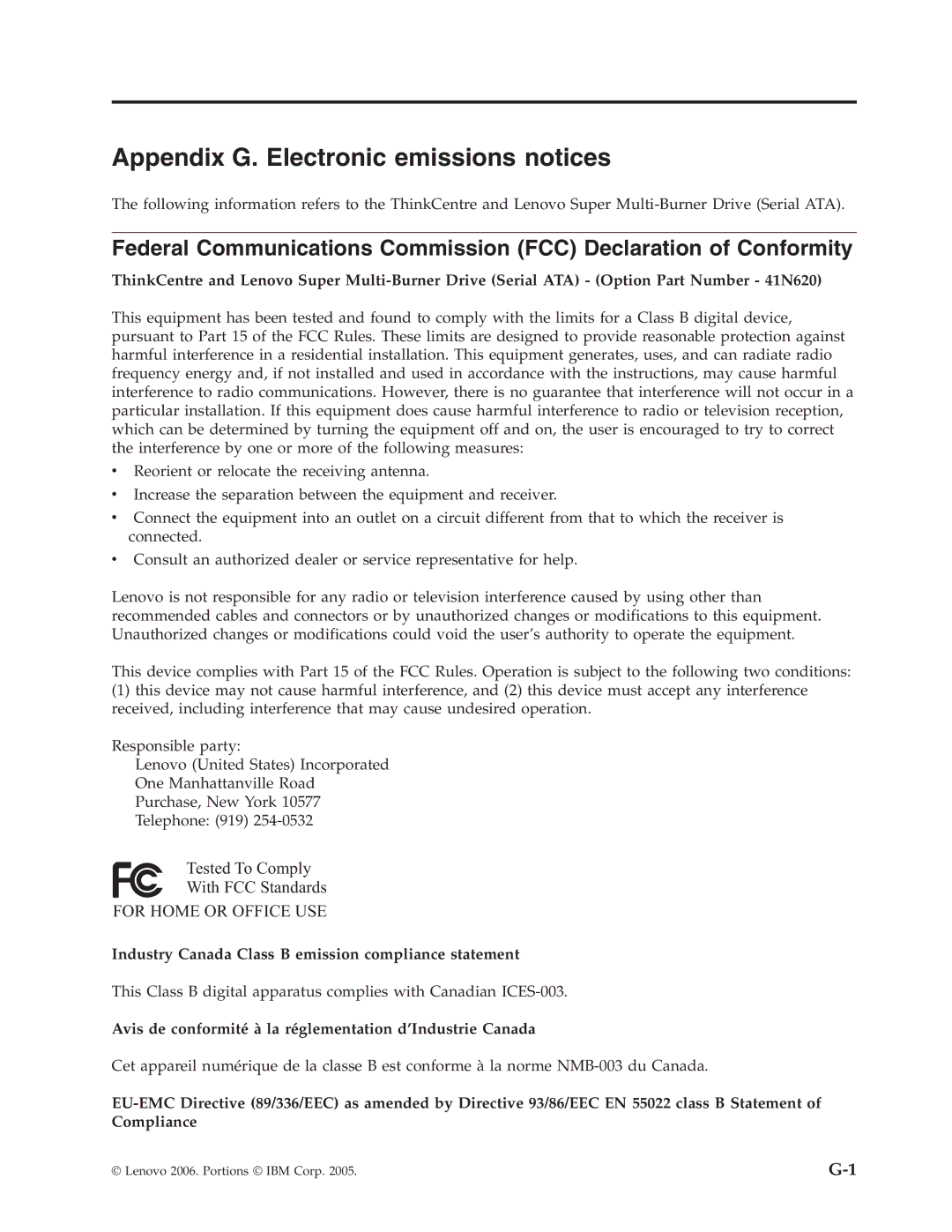 Lenovo 41N5626 manual Appendix G. Electronic emissions notices, Industry Canada Class B emission compliance statement 