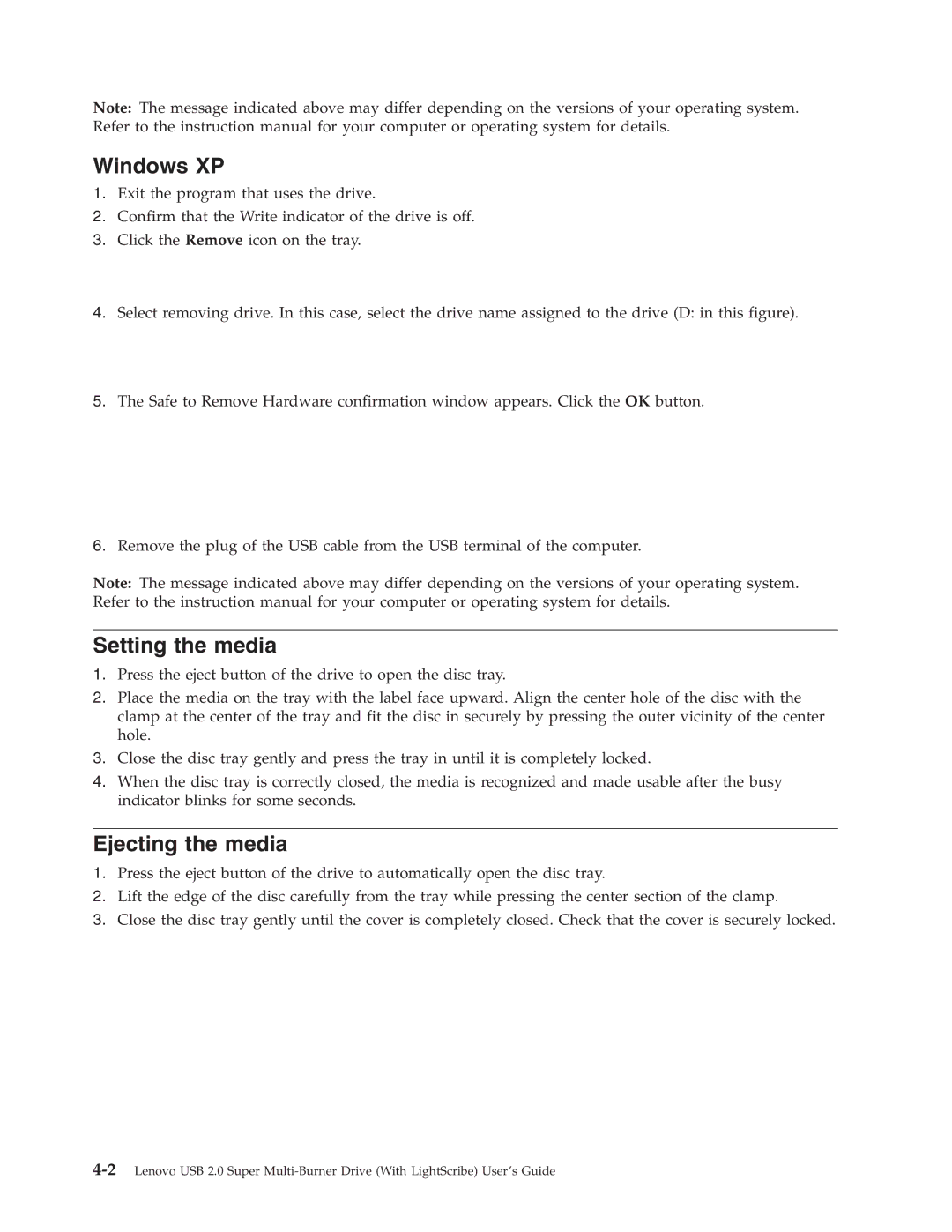 Lenovo 41N5631 manual Windows XP, Setting the media, Ejecting the media 