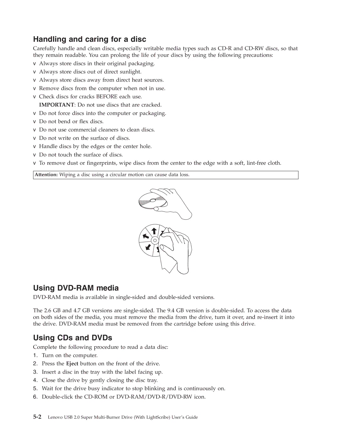 Lenovo 41N5631 manual Handling and caring for a disc, Using DVD-RAM media, Using CDs and DVDs 