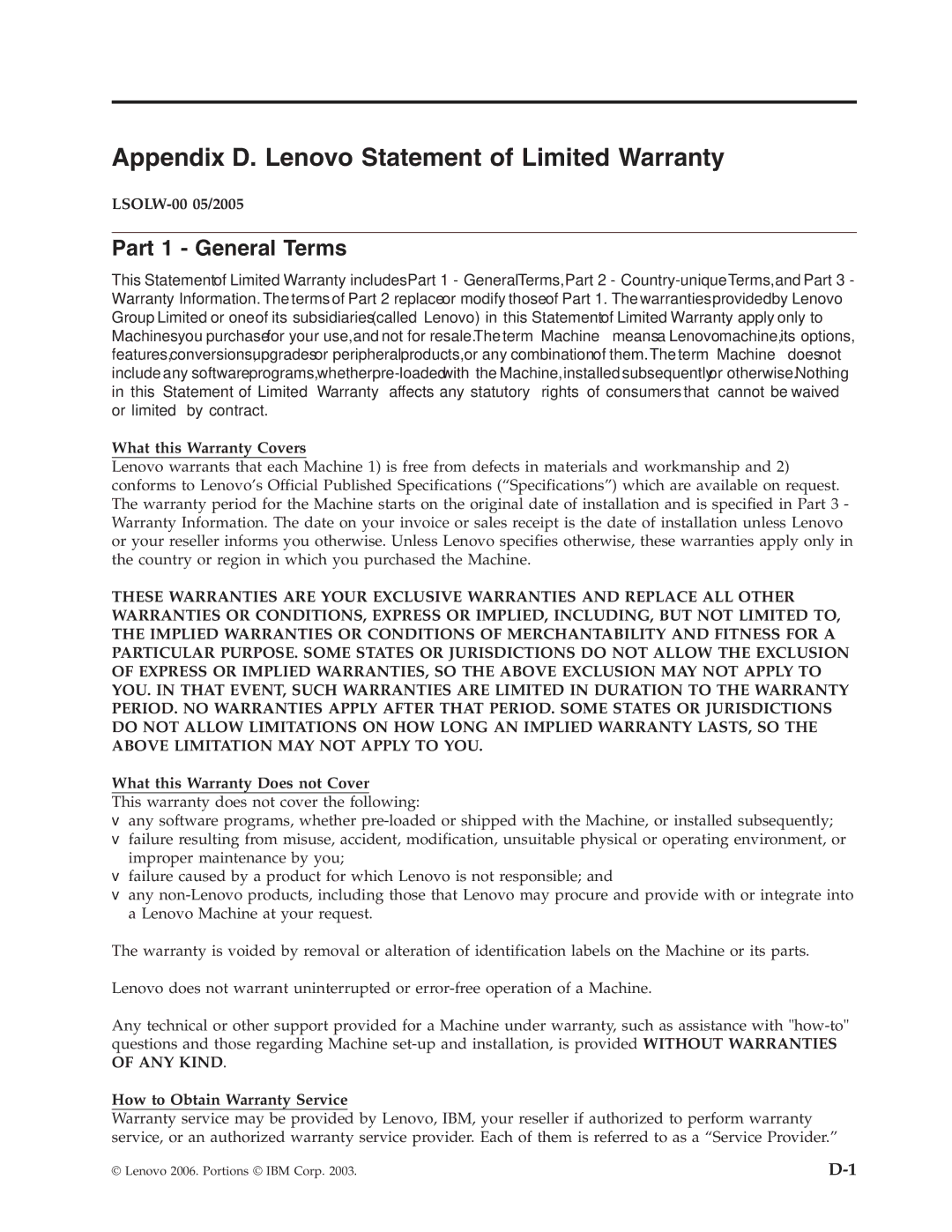 Lenovo 41N5631 manual Appendix D. Lenovo Statement of Limited Warranty, Part 1 General Terms 