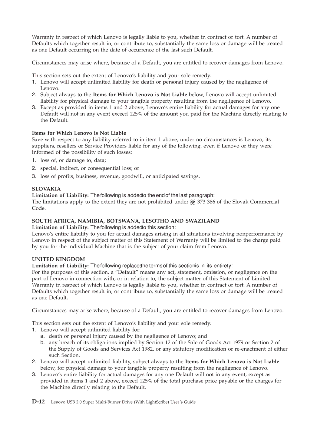 Lenovo 41N5631 Items for Which Lenovo is Not Liable, Slovakia, South AFRICA, NAMIBIA, BOTSWANA, Lesotho and Swaziland 