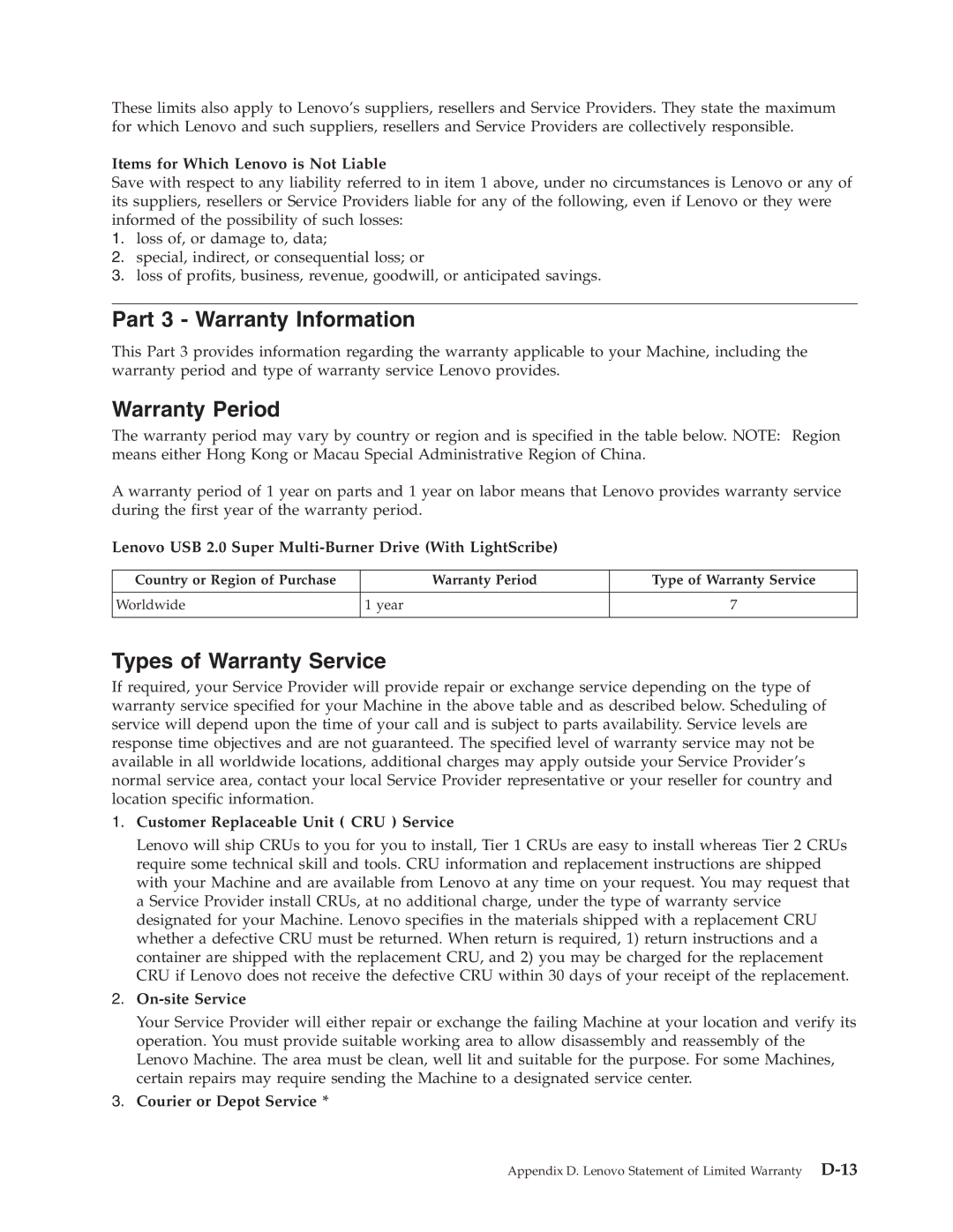 Lenovo 41N5631 manual Part 3 Warranty Information, Warranty Period, Types of Warranty Service 