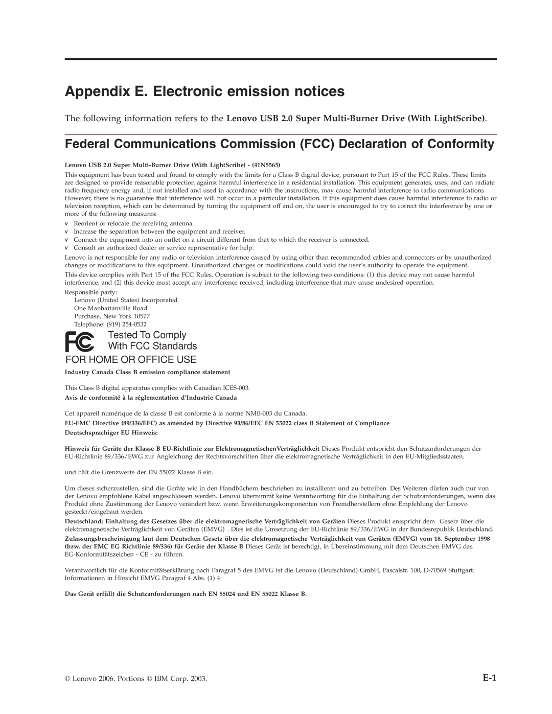 Lenovo 41N5631 manual Appendix E. Electronic emission notices, For Home or Office USE 