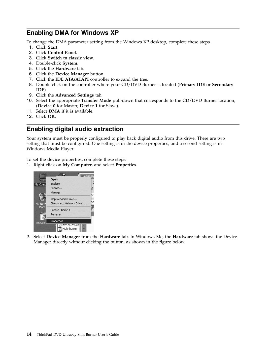 Lenovo 41N5647 manual Enabling DMA for Windows XP, Enabling digital audio extraction, Click Control Panel 