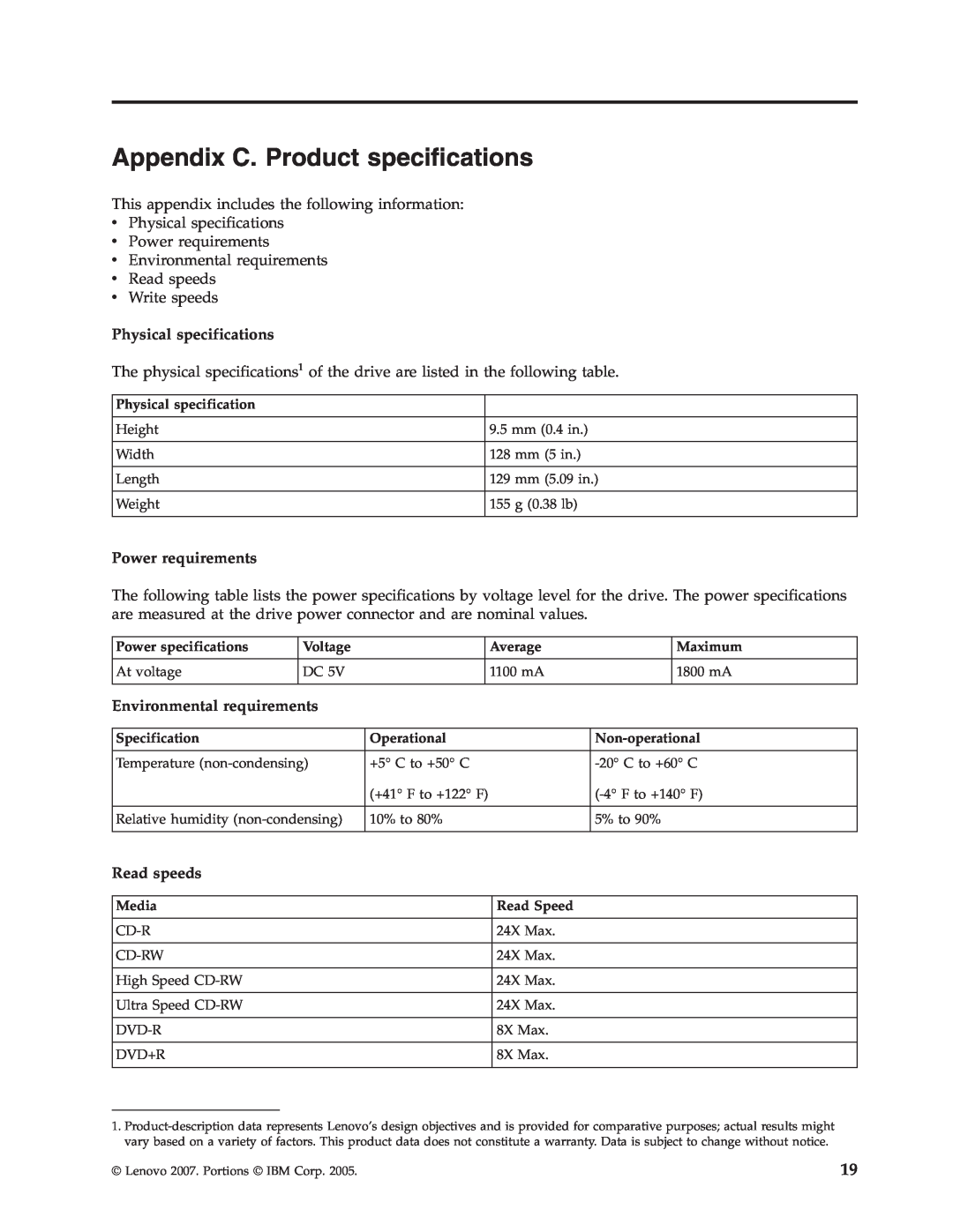 Lenovo 41N5647 Appendix C. Product specifications, Physical specifications, Power requirements, Environmental requirements 