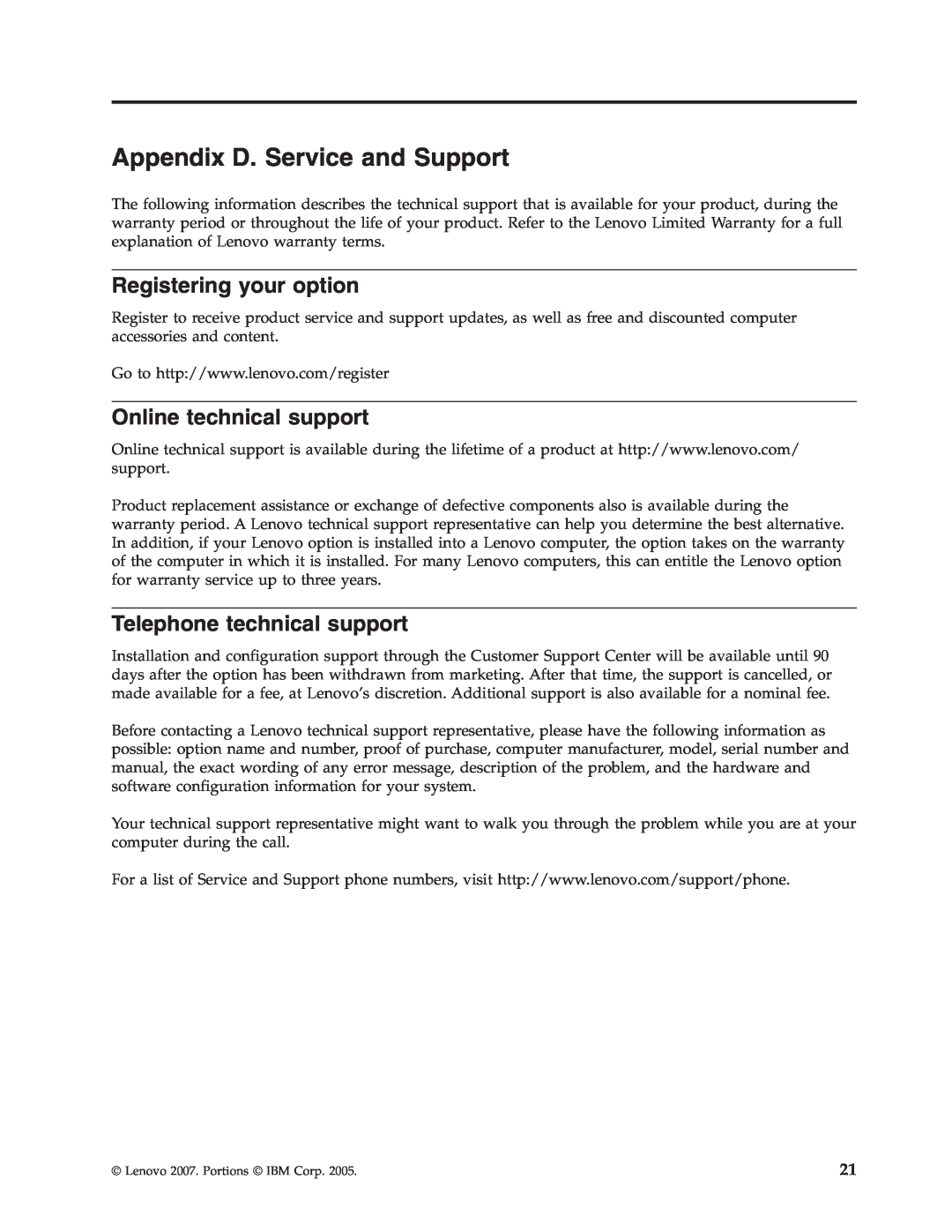 Lenovo 41N5647 manual Appendix D. Service and Support, Registering your option, Online technical support 