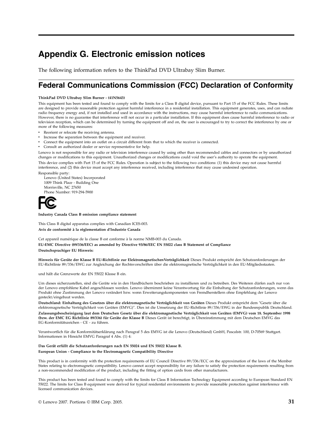 Lenovo 41N5647 manual Appendix G. Electronic emission notices 