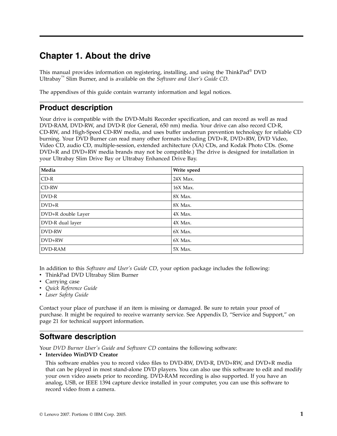 Lenovo 41N5647 manual About the drive, Product description, Software description, Intervideo WinDVD Creator 