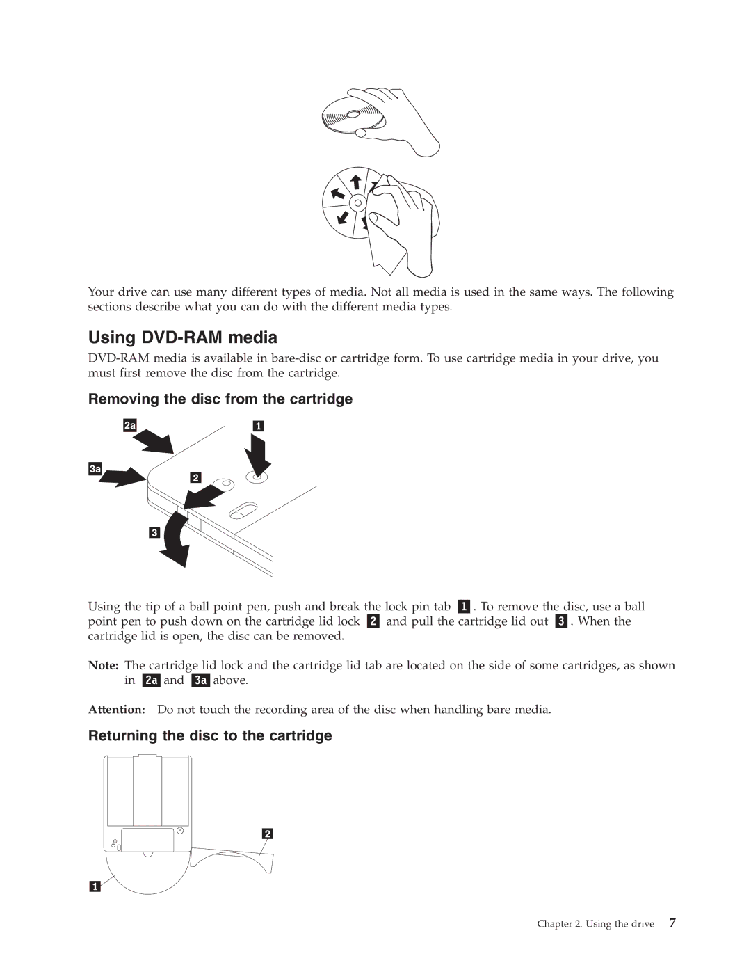 Lenovo 41N5647 manual Using DVD-RAM media, Removing the disc from the cartridge 