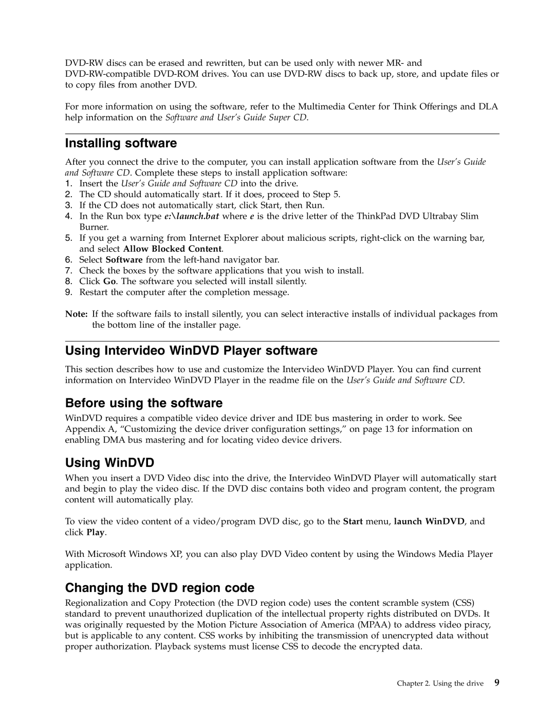 Lenovo 41N5647 manual Installing software, Using Intervideo WinDVD Player software, Before using the software, Using WinDVD 