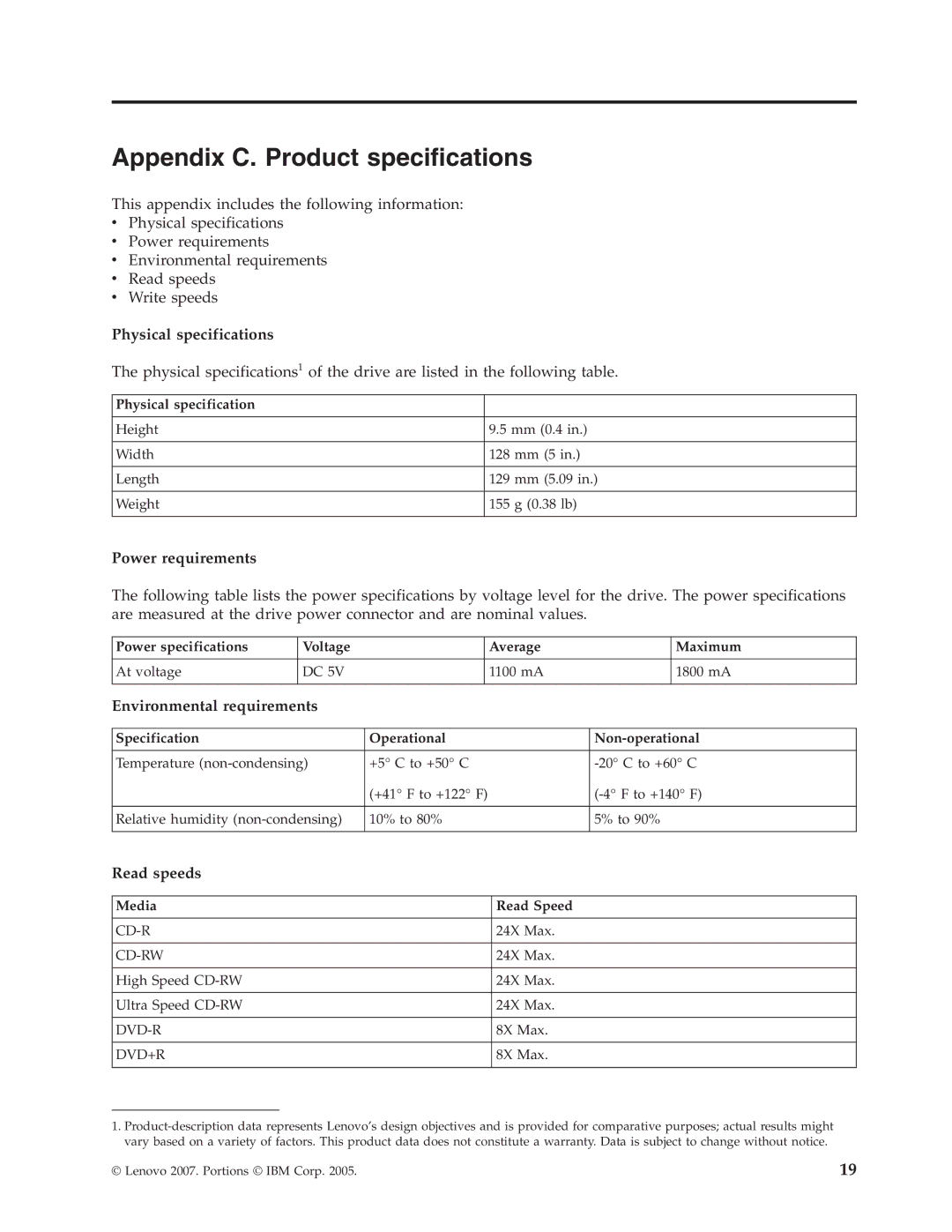 Lenovo 41N5647 Appendix C. Product specifications, Physical specifications, Power requirements, Environmental requirements 