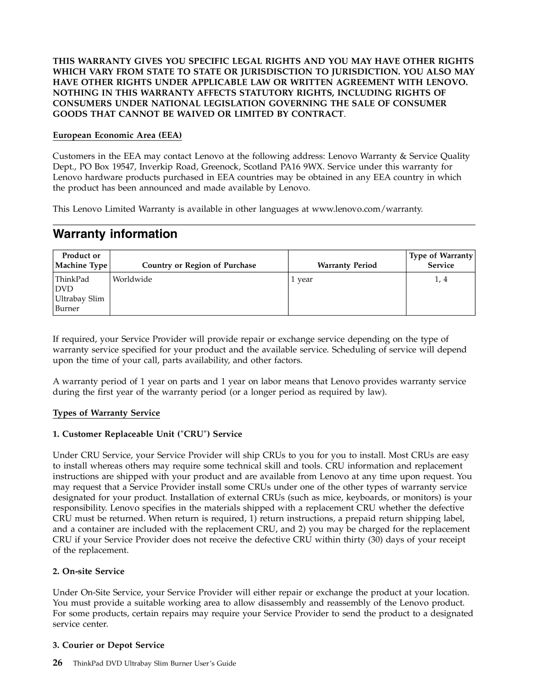 Lenovo 41N5647 manual Warranty information, European Economic Area EEA, On-site Service, Courier or Depot Service 