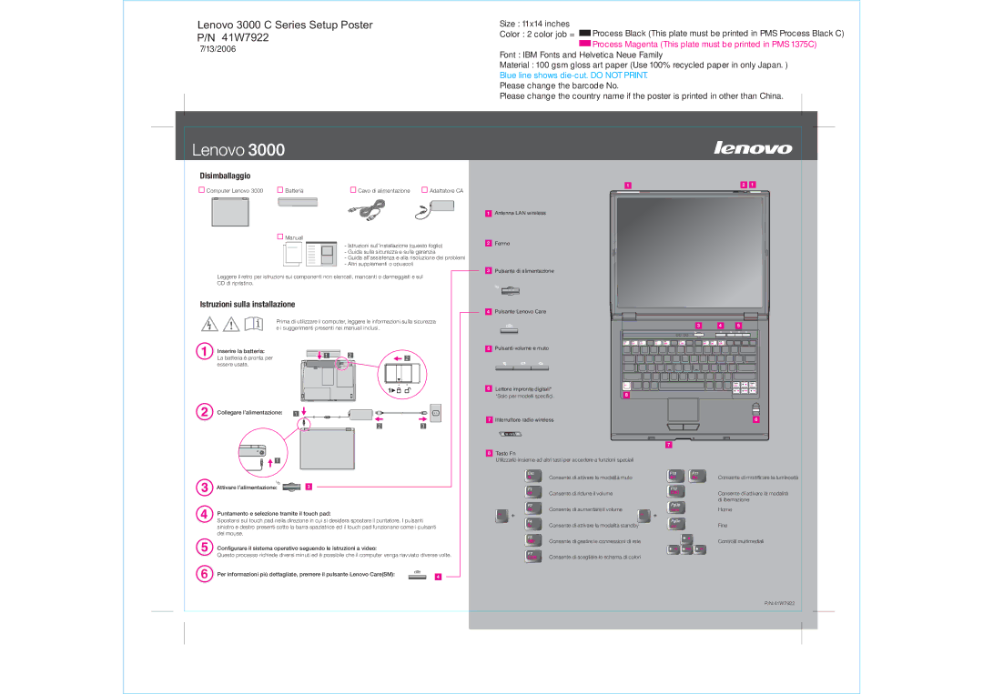 Lenovo 41W7922 manual Disimballaggio, Istruzioni sulla installazione, Antenna LAN wireless, Fermo, Pulsante Lenovo Care 