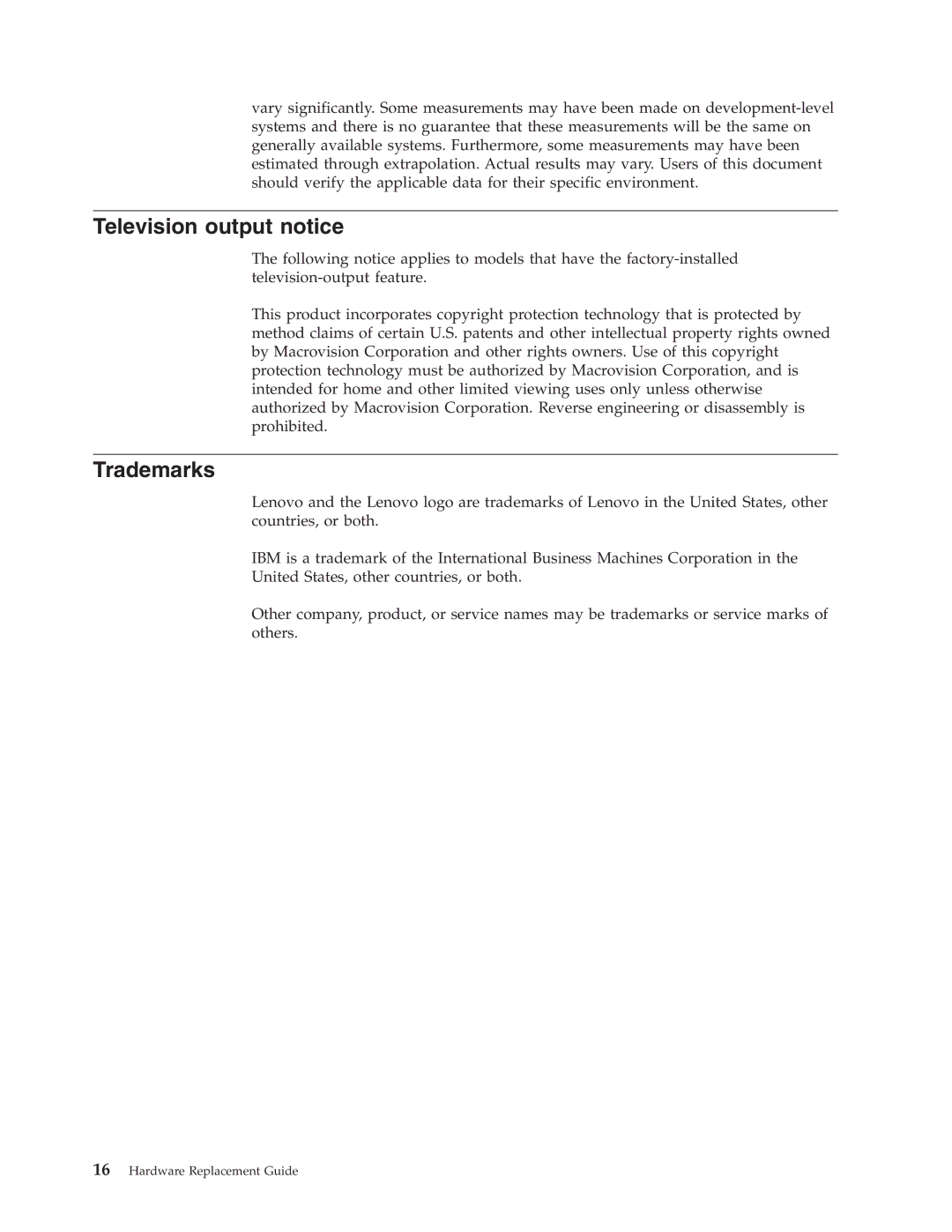 Lenovo 41X8111 manual Television output notice, Trademarks 