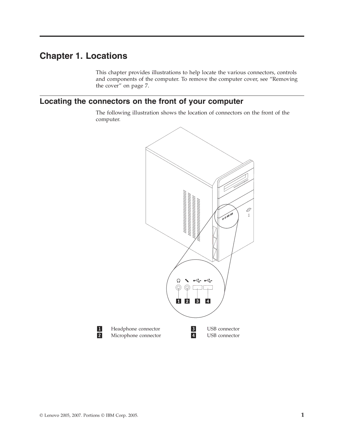 Lenovo 41X8111 manual Locations, Locating the connectors on the front of your computer 